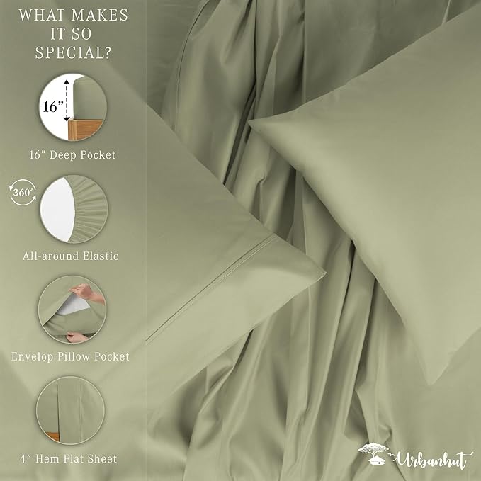 URBANHUT 800 Thread Count 100% Cotton Full Size Sheets, Luxury 4 Piece Full Bedsheets, Hotel Sheets Sateen Finish - Better Than Egyptian, 16" Elasticized Deep Pocket - Sage