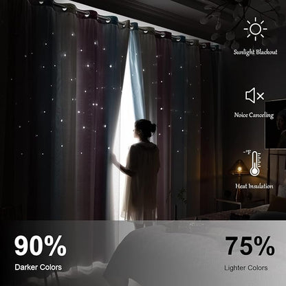 Star Blackout Curtains - Bedroom Cute Kids Rainbow, 63 Inch Long 2 Panels, Purple & Blue, 42 X 63 Inches