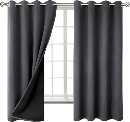 BGment Thermal Insulated 100% Blackout Curtains for Bedroom with Black Liner, Double Layer Full Room Darkening Noise Reducing Grommet Curtain (52 x 63 Inch, Dark Grey, 2 Panels)