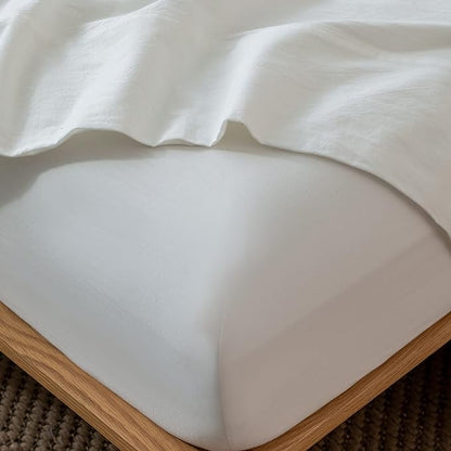 MooMee Fitted Bottom Sheet Only 100% Washed Cotton Linen Like Textured Breathable Durable Soft Comfy Deep Pocket Fits Mattress up to 17" (Off White, Queen)