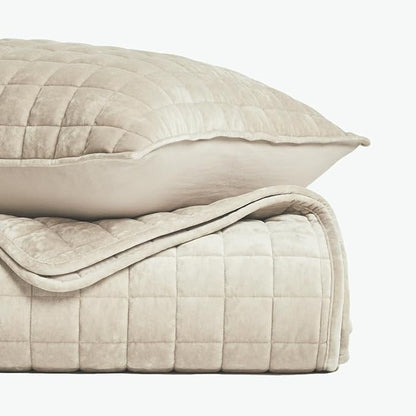 RECYCO Luxury Velvet Quilt Set King Size Bedding Sets, Ultra Soft Velvet Comforter Set, Lightweight Channel Box Stitch Oversized Bedspread Coverlet for All Season, with 2 Shams, Beige