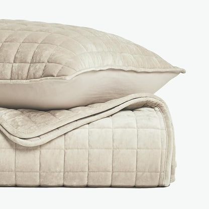 RECYCO Luxury Velvet Quilt Set Full Queen Size Bedding Sets, Ultra Soft Velvet Comforter Set, Lightweight Channel Box Stitch Oversized Bedspread Coverlet for All Season, with 2 Shams, Beige
