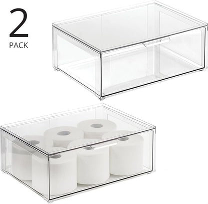 mDesign Plastic Stackable Bathroom Storage Organizer Bin Containers with Front Pull Drawer for Bathroom Countertop, Vanity, Closet Shelves - Holder for Accessories - Lumiere Collection, 2 Pack, Clear