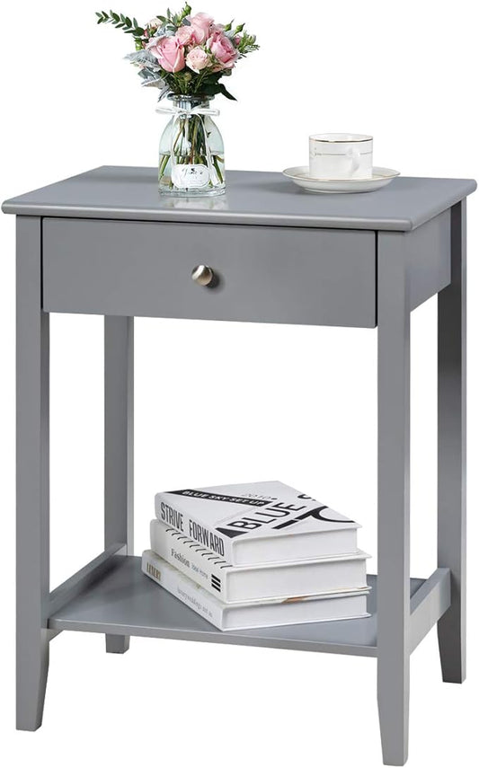 Giantex Nightstand Wooden 2-Tier Couch Sofa Side Table with Drawer, Storage Shelf, Solid Wood Legs,Mufti-Functional Home Furniture for Living Room Bedroom Study Room End Table (1, Gray)