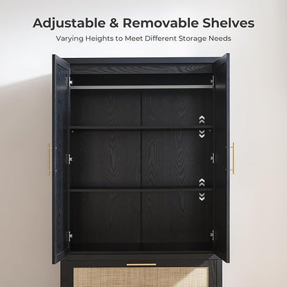 SICOTAS Armoire Wardrobe Closet, Larger Rattan Armoires Wardrobe Cabinet with 2 Large Drawers & Hanging Rod, Tall Closet Storage Cabinet for Cloak Room, Bedroom, Black Oak (3 Pieces)