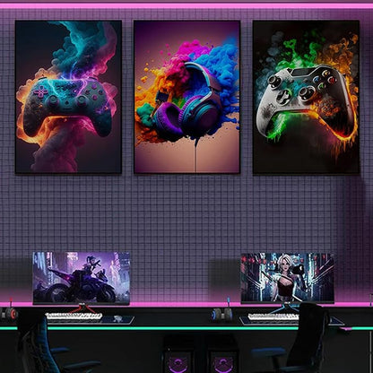 Gaming Room Decor - Wall Art Set of 3, Video Gaming Theme, Unframed 12x16in Canvas Posters for Teen Boys Room
