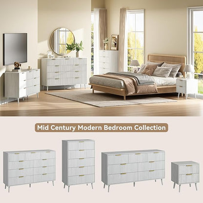 CARPETNAL Fluted 5 Drawers Dresser for Bedroom, 45" Tall Wooden Chest of Drawers with Rounded Corners, Gold Handles, Modern Storage Organizer for Bedroom, Hallway (White)