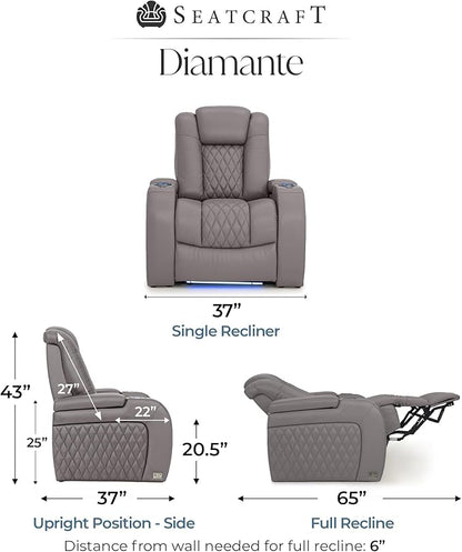 Seatcraft Diamante Zero-Gravity CoolZero Italian Leather Home Theater Seating, Power Headrest, Power Recline, Single Recliner, Gray