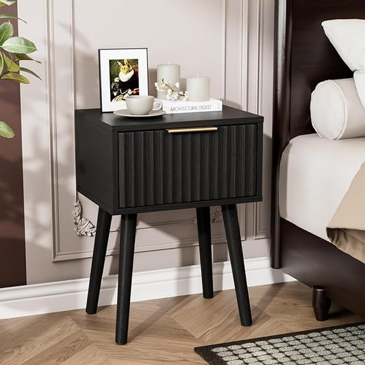 VINGLI Night Stand, Fluted Nightstand Wood, Mid Century Modern Nightstand for Bedroom, Bedside Table, Wood Side Table, Small Night Stand Black, 15.75" W*11.81" D*21.85" H