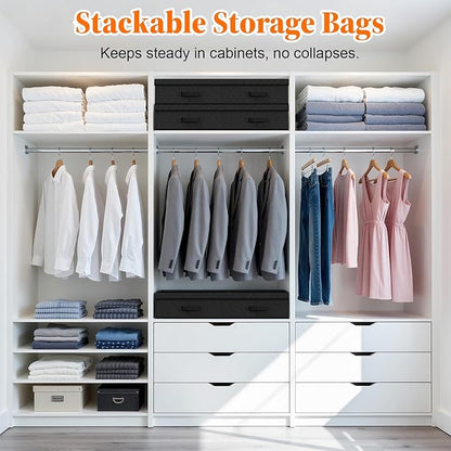 Under Bed Storage Containers with Lids - 2 Pack, Foldable and Stackable Clothes Storage Bags with Clear Window, 3-Sided Handles and Label Slot for Clothing, Blankets, Pillows (Black)