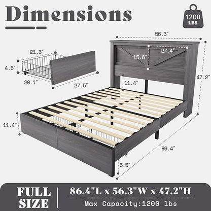 AMERLIFE 47.2" H Full Bed Frame with Hidden Space Bookcase Headboard and Charging Station, Beds with 2 Storage Drawers and Wood Slats, No Box Spring Needed, Grey