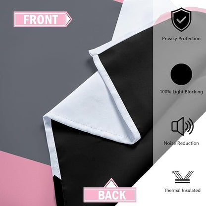 Pink 100% Blackout Curtains for Bedroom 96 inch Length 2 Panels Set White Grey Modern Abstract Geometric Black Out Curtains Insulated Room Darkening Window Drapes for Girls Living Room, 52Wx96L