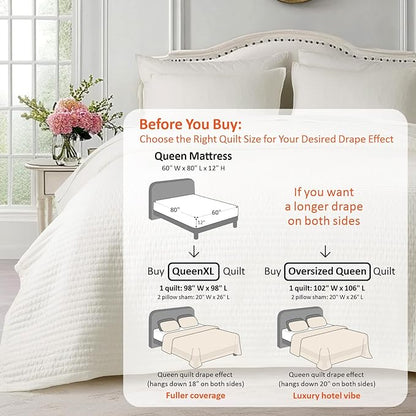 KASENTEX Queen XL Quilt Set 98"x98" – Soft Washed 3-Layer Lightweight Bedspread, Minimalist Nordic Design, All-Season Spring & Summer Quilt Set (1 Quilt + 2 Pillow Shams),Cream White