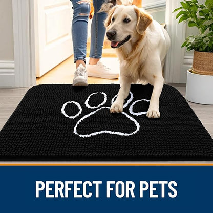 OLANLY Dog Door Mat for Muddy Paws 59x24, Paw Print Design, Absorbs Moisture and Dirt, Absorbent Non-Slip Washable Doormat, Quick Dry Chenille Mud Mat for Dogs, Entry Indoor Entryway Carpet, Black
