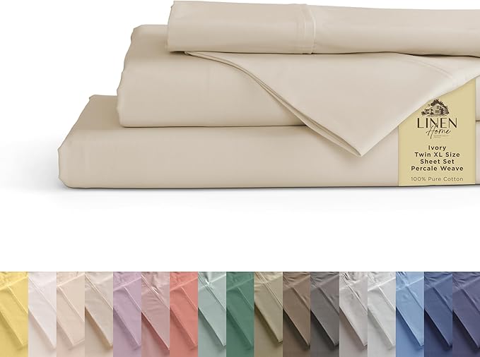 Linen Home 100% Cotton Percale Sheets Twin XL Size, Ivory, Deep Pocket, 3 Pieces Set - 1 Flat, 1 Deep Pocket Fitted Sheet and 1 Pillowcase, Crisp Cool and Strong Bed Linen