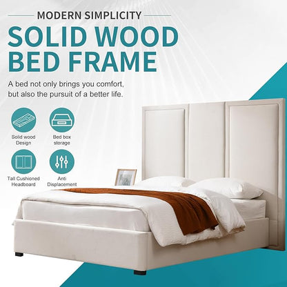 YUHUASHI Queen Size Bed Frame with 64-inch High Headboard, Simple and Airy Linen Upholstered Platform Bed with Storage Drawers, Wood Slat, No Noise (Beige, Queen(Hydraulic Lift))