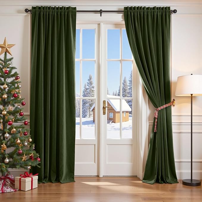 Lazzzy Velvet Blackout Curtains Thermal Insulated Room Window Drapes Super Soft Luxury Curtains for Living Room Bedroom Rod Pocket 2 Panels, Moss, 52" W x 96" L