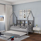 Twin House Bed with Trundle Bed and Roof for Kids, Wooden Twin Size Bed Frame with Storage Shelves Guardrails Wood Slats, Headboard for Boys Girls, No Box Spring Required, Gray