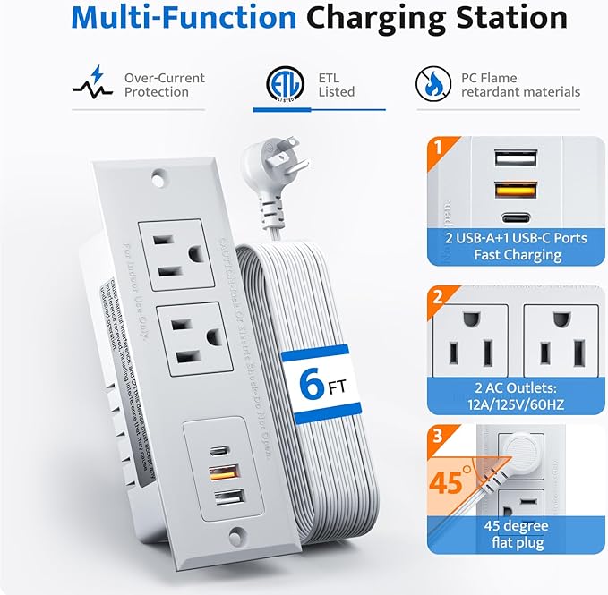 DOACE Recessed Power Strip with 18W USB C Fast Charging Conference Recessed Outlet,Space-Saver for Furniture Side Table,2 AC Outlets,3 USB Ports,6ft Cord, 45° Thin Flat Plug, White