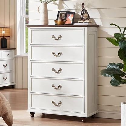 Farmhouse 5 Drawer Dresser for Bedroom, 45" Tall Rustic Chests of Drawers w/ 4 Solid Wood Feet, Mid Century Modern Wooden Closet Storage Dressers Organizer for Living Room, Hallway, White