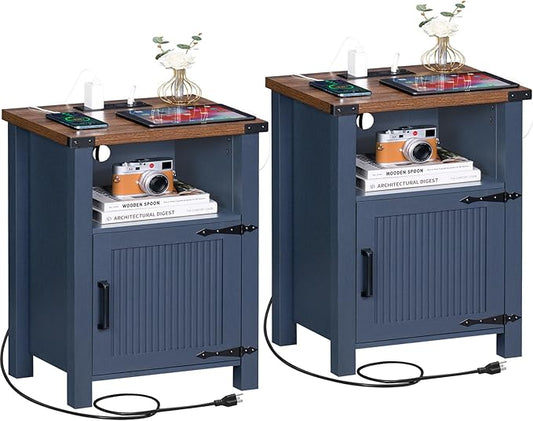Joaxswe Night Stand Set of 2, 18 Inch Farmhouse Nightstand with with Charging Station and USB Port, Rustic Couch End Table with Magnetic Door, Wood Bed Side Tables for Bedroom, Home, Navy Blue