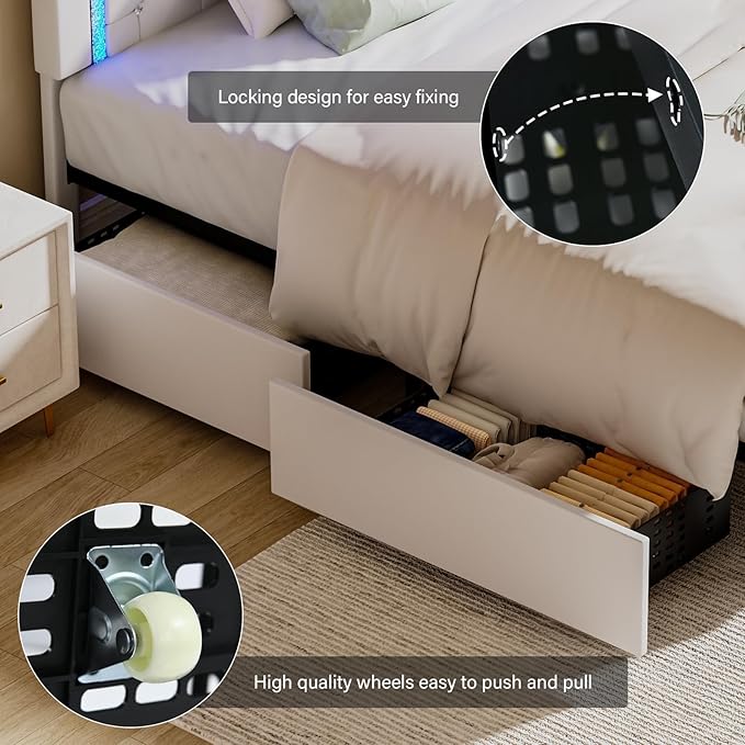 BarnFurin King Size Bed Frame with LED Lights and Storage Drawers, Upholstered Platform Bed with Diamond Tufted Headboard, Wooden Slats Support, No Box Spring Needed, Easy Assembly, White