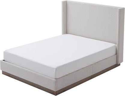 Queen Size Upholstered Bed Frame, 53" Tall Headboard Hosford Wingback Bed Frames, Wood Base Floor Platform Beds, No Box Spring Needed No Noise, Rusticity Minimalist, Cream White Boucle