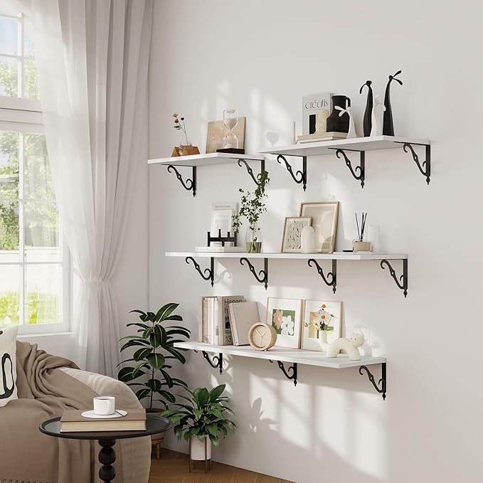 Dreamland Deep Floating Shelves, 48" W x 12" D Wall Shelves Set of 2, Wide Display Shelf Wall Mounted with Brackets, Bookshelf for Living Room, Bathroom, Bedroom, White