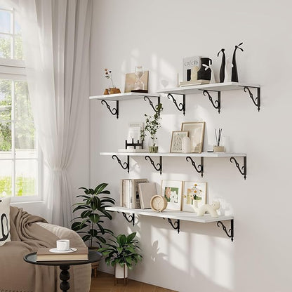 Dreamland Deep Floating Shelves, 16" W x 12" D Wall Shelves Set of 2, Wide Display Shelf Wall Mounted with Brackets, Bookshelf for Living Room, Bathroom, Bedroom, White
