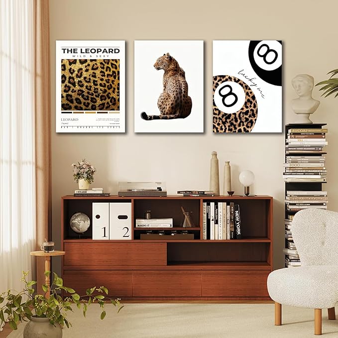 Trendy Leopard Framed Set of 3 Canvas Poster Prints,Picture Modern Artwork Wall Art for Home Décor,Perfect for Adds Wilderness & Elegance to Living Room,Bedroom or Any Interior Space,16Lx12W