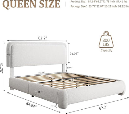 Queen Size Boucle Platform Bed Frame, Upholstered Cloud with Adjustable Headboard, Anti-Collision Soft Rounded Corners, No Box Spring Required, Easy Assembly, Noise Free