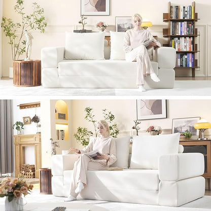79'' Convertible Sleeper Sofa Bed, 3-in-1 Foldable Floor Couch with Corduroy Upholstery, No Assembly Loveseat, Light Brown Lounge Mattress for Living Room, Studio, Guest Room (White)