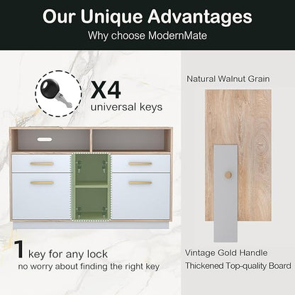 4 Drawer File Cabinet, Wood Filing Cabinet for Home Office with Lock, Power Strip, Storage Shelves, Home Office Lateral File Storage Fits Legal/Letter Size, Light Walnut