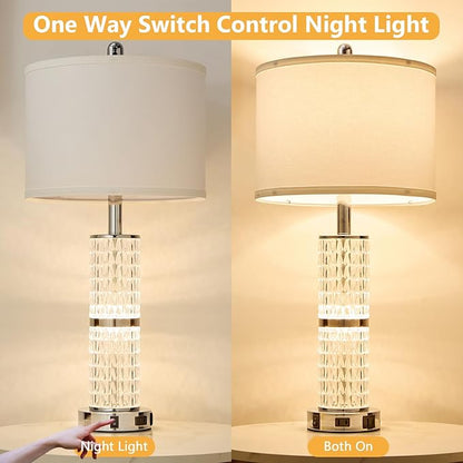 Crystal Table Lamps Modern 3-Way Dimmable Bedside Lamp with 2 USB Ports & AC Outlets for Living Room Bedroom Nightstand Lamp Night Light