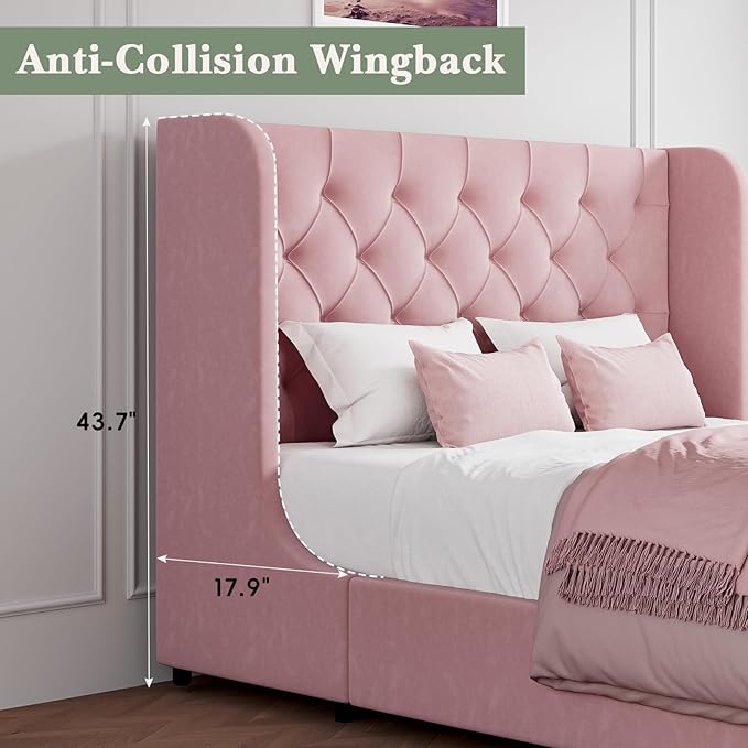 Full Bed Frame, Pink Velvet Upholstered Bed Frame Full with Headboard and Wide Wingback, Sturdy Wooden Slats Support, No Box Spring Required, Noise Free, Easy Assembly, Pink