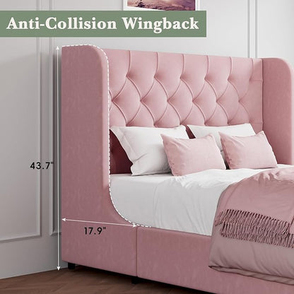 Full Bed Frame, Pink Velvet Upholstered Bed Frame Full with Headboard and Wide Wingback, Sturdy Wooden Slats Support, No Box Spring Required, Noise Free, Easy Assembly, Pink