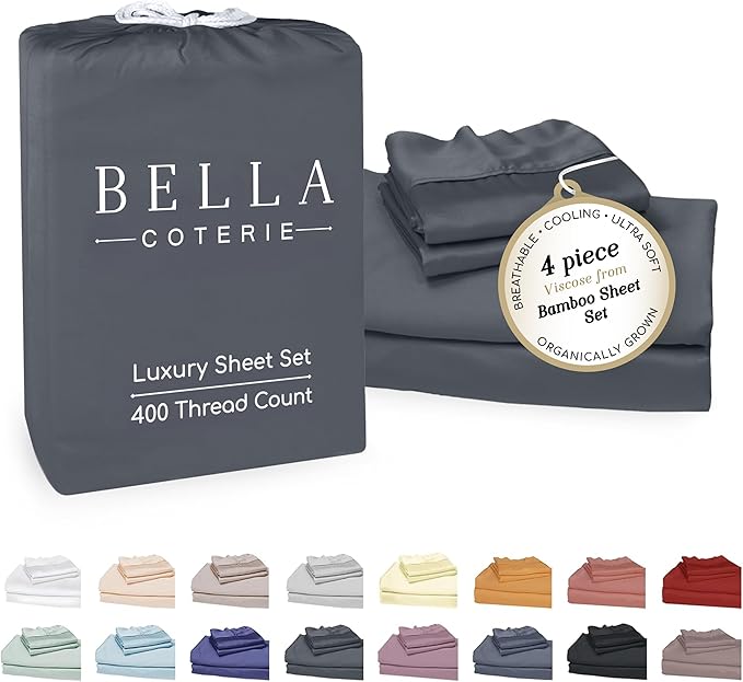 Bella Coterie Luxury Bamboo Viscose Full Size Sheet Set | 100% Organically Grown | Ultra Soft | Cooling for Hot Sleepers | 18" Deep Pocket [Charcoal Grey]
