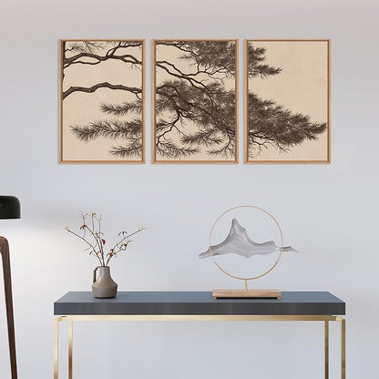 LHIUEM Large Vintage Pine Tree Branch Framed Canvas Wall Art,Sketch Botanical Wall Decor,Nature Plant Artwork,Brown Antique Etching Art Prints for Living Room,Bedroom,Office- 16"x24"x3