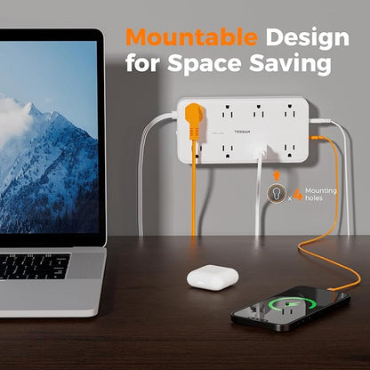 Power Strip with Surge Protection, TESSAN Flat Plug Extension Cord with 8 Outlets 3 USB Ports(1 USB C), 1080 Joules, 6 Ft, Wall-Mounted Charging Station for Apartment Office Dorm Room Essentials