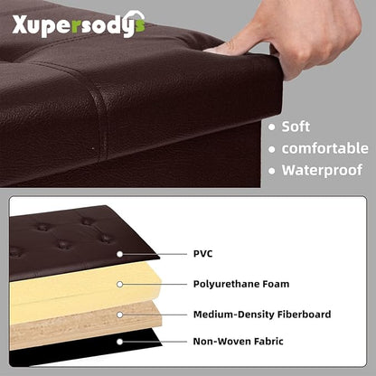 xupersodys 30 Inches Folding Storage Ottoman Bench, Faux Leather Footstool Ottoman, Storage Trunk Footrest for Bedroom, Living Room and Hallway, Support 350lbs, Brown(Brown line)