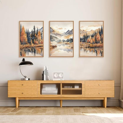 LHIUEM Large Neutral Mountain Framed Canvas Wall Art,Nature Foggy Forest Wall Decor,Watercolor Autumn Landscape Wall Painting,Woodland Artwork for Living Room,Bedroom,Dining Room,Office -16"x24"x3