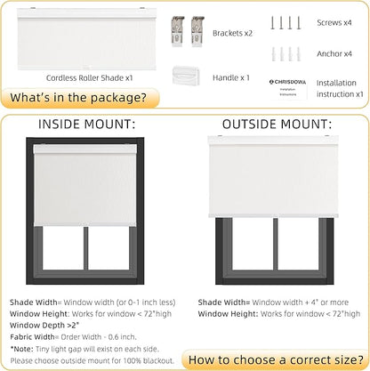 ChrisDowa Cordless Blackout Roller Shades for Windows, Striped Free-Stop Window Blinds with Privacy, Thermal Insulated Window Shades for Home, Office and Door. White, 25" W x 72" H