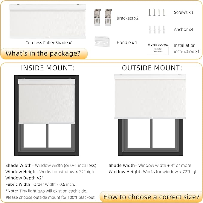 ChrisDowa Cordless Blackout Roller Shades for Windows, Striped Free-Stop Window Blinds with Privacy, Thermal Insulated Window Shades for Home, Office and Door. White, 42" W x 72" H