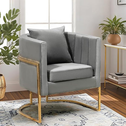 Velvet Modern Accent Chair, Upholstered Barrel Armchair Mid Century with Pillow for Living Room, Comfy Single Vanity Chair with Metal Gold Legs for Bedroom, Grey