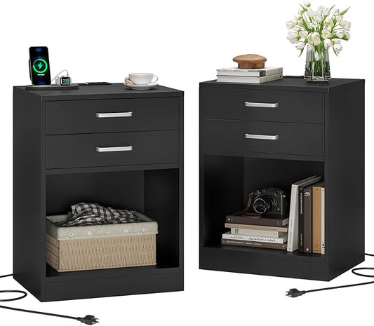 ADORNEVE Night Stand Set 2,Black Nightstand with Charging Station & Drawers,Night Stands for Bedrooms Set of 2,Bedside Table with Drawers