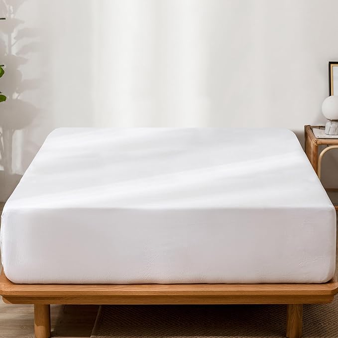 MooMee Fitted Bottom Sheet Only 100% Washed Cotton Linen Like Breathable Textured Durable Soft Comfy Deep Pocket Fits Mattress up to 17" (Bright White, King)