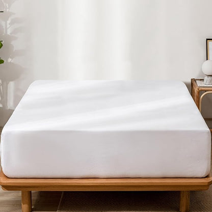 MooMee Fitted Bottom Sheet Only 100% Washed Cotton Linen Like Textured Breathable Durable Soft Comfy Deep Pocket Fits Mattress up to 17" (Bright White, California King)