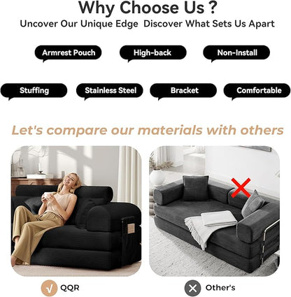 Upgrade High Backrest Design Sofa Bed with Fixed-Shape Frame & Removable Armrests and Backrest, Corduroy Fabric, Convertible Mattress Couch for Small Spaces - No Assembly Needed (High Backrest Black)