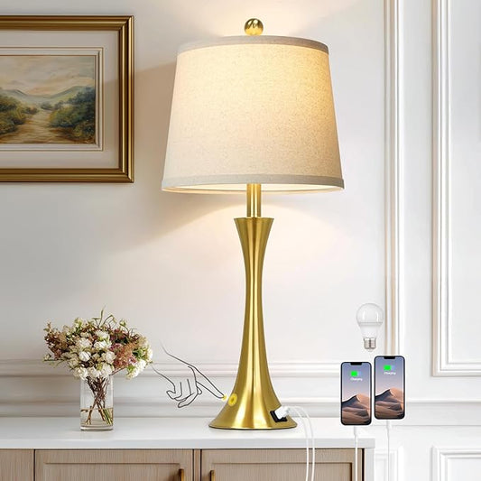 27.5" Gold Lamps for Living Room, Touch Control 3-Way Dimmable Bedside Nightstand Lamps Bedroom Lamp,Modern Gold Table Lamp with USB A+C Ports,Tall Lamps for Living Room End Table（1Pack）