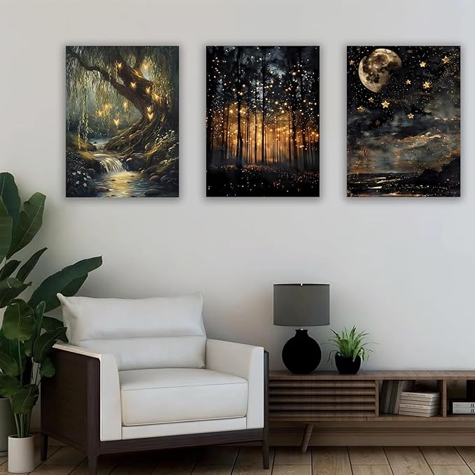 Tranquil Night Forest Framed Canvas Posters Set of 3 Wall art,Moon Fireflies Print Painting Home Décor Artwork,Creates Peaceful Ambiance Painting Artwork for Bedroom Living Room 16x24 inch Wood Framed